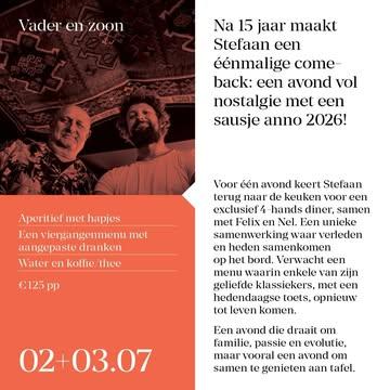 🚨sold out🚨

Ons event vader en zoon is volledig uitverkocht 🙏

Maar wat dachten jullie van een extra avond op 4 juli?

Laat je reactie achter en mss trekt stefaan zijn koksvest wel een avond extra aan 👨‍🍳👨‍🍳

@stefaan_francois @desmetnl3 @felixfrancois_