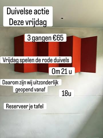 🔥 Duivelse Actie! 🔥

Vrijdag zijn we uitzonderlijk al geopend vanaf 18.00 uur!

Kom genieten van een heerlijk 3-gangenmenu voor slechts €65 én je bent daarna nog perfect op tijd om de 🇧🇪 Belgen aan te moedigen!

🍽️ Menu
✨ Gravad lax van heilbot met citrus & radicchio
🥩 Holstein van de BBQ met tomatensalade & kruidenboter
🍨 Dame Blanche

📞 Reserveer snel en vermeld bij je reservatie ‘Duivelse Actie’.

Wij zorgen voor een topavond, jij voor de sfeer! ❤️🖤💛

#DuivelseActie #BBQ #3GangenMenu #SupportTheBelgians #LekkerEten Vrijdagavond Foodie Belgium
@desmetnl3 @felixfrancois_