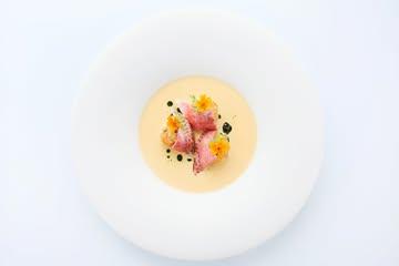 A vibrant and refreshing start to our summer menu!

Red mullet tartare &  marinated skin served with a sauce made from roasted fish heads, piment & fermented sea buckthorn berries finished with citrus marigold 🧡
 
#vrijmoed #gent #michelinguide #gaultmillau #bestvegetablesrestaurants #northseachefs