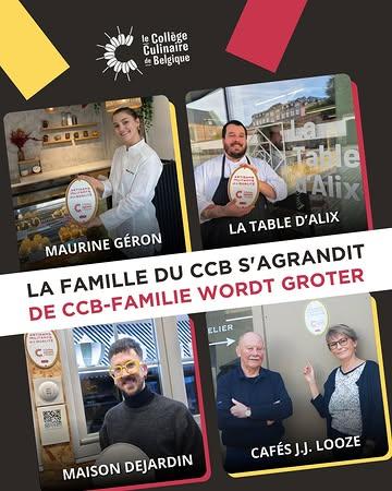 🇧🇪 𝗟𝗮 𝗳𝗮𝗺𝗶𝗹𝗹𝗲 𝗱𝘂 𝗖𝗖𝗕 𝘀’𝗮𝗴𝗿𝗮𝗻𝗱𝗶𝘁 / 𝗗𝗲 𝗖𝗖𝗕-𝗳𝗮𝗺𝗶𝗹𝗶𝗲 𝗴𝗿𝗼𝗲𝗶𝘁
Bienvenue à / Welkom bij 👇🏼

1️⃣ 𝗠𝗮𝘂𝗿𝗶𝗻𝗲 𝗚𝗲́𝗿𝗼𝗻 – 𝗣𝗮̂𝘁𝗶𝘀𝘀𝗲𝗿𝗶𝗲 𝗙𝗶𝗻𝗲 @maurinegrn 
Des créations fines et élégantes, entièrement faites maison avec passion, exigence et précision.
Maurine Géron brengt verfijnde, huisgemaakte patisserie tot leven, met passie en oog voor detail.
📍Chaussée de Maubeuge 516 – 7022 Mons

2️⃣ 𝗟𝗮 𝗧𝗮𝗯𝗹𝗲 𝗱’𝗔𝗹𝗶𝘅 @la_table_dalix 
Une cuisine généreuse et créative, qui célèbre les saisons, les producteurs locaux et le plaisir du partage.
La Table d’Alix brengt een gul en creatief menu dat lokale producten en seizoenssmaken eert.
📍Grand Rue 47 – 7860 Lessines

3️⃣ 𝗠𝗮𝗶𝘀𝗼𝗻 𝗗𝗲𝗷𝗮𝗿𝗱𝗶𝗻 @maisondejardinceramique 
Des céramiques élégantes et durables, façonnées avec authenticité pour sublimer la table et le geste culinaire.
Maison Dejardin ontwerpt elegante, duurzame keramiek die elke tafel verfraait en vakmanschap uitstraalt.
📍Rue Dony – 4000 Liège

4️⃣ 𝗖𝗮𝗳𝗲́𝘀 𝗝.𝗝. 𝗟𝗼𝗼𝘇𝗲 @cafes_jjlooze 
Une torréfaction artisanale transmise depuis plusieurs générations, pour des cafés aux arômes authentiques.
Cafés J.J. Looze behoudt al generaties lang het vakmanschap van het ambachtelijk koffiebranden, met pure aroma’s.
📍Rue de Saint-Ethon 24 – 7181 Seneffe

#ArtisansMilitantsdelaQualité #CollègeCulinairedeBelgique #CCB #CuisineEngagée #SavoirFaireLocal
