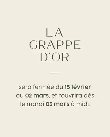 Dimanche, la Grappe d’Or fermera ses portes pour mieux vous retrouver dès le mardi 03 mars.
À très vite !

#arlon #restaurant #gastronomie #luxembourg #lagrappedor