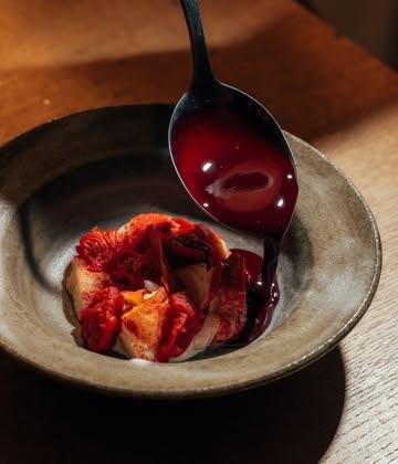 Gently cooked lobster with preserved rose, dried cherry tomatoe, fermented raspberry and red beetroot.

#neonrestaurant 
#menu