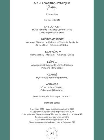 Nouveau menu gastronomique – Printemps ✨

Nous dévoilons notre menu de printemps, une ode à la renaissance, à la fraîcheur et aux premiers éclats de la nature. 🌿
Une cuisine délicate et inspirée, où le végétal, la précision des cuissons et l’harmonie des saveurs sont au cœur de chaque assiette.

Au menu :
• Truite Fario de Mirwart, livèche, pickles danois et notes citronnées de lemon myrtle
• Asperges blanches de Malines et vertes de Perthuis, ail des ours et safran de Cotchia
• Agneau de Gribomont, morille, pistache et rhubarbe
• Fraîcheur végétale autour du concombre, yaourt, calamansi et genévrier

Un parcours gastronomique immersif, entre forêt, terroir et renouveau printanier. 🌸

🌐 Menu disponible dès maintenant via notre site web
https://www.chateaudemirwart.com/restaurant-brasserie
📅 Sur réservation uniquement
👨🏻‍🍳 Imaginé par notre chef Jimmy Boniface
📍 L’Ecrin de Mirwart - Restaurant gastronomique

#restaurantgastronomique #printemps #finecuisine #terroir #saisons #foodexperience