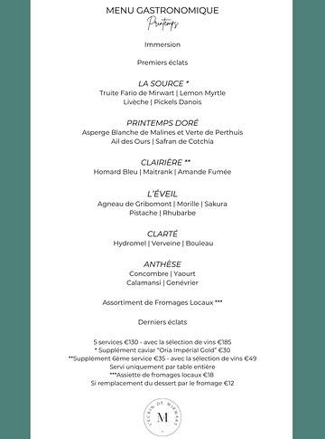 Nouveau menu gastronomique – Printemps ✨

Nous dévoilons notre menu de printemps, une ode à la renaissance, à la fraîcheur et aux premiers éclats de la nature. 🌿
Une cuisine délicate et inspirée, où le végétal, la précision des cuissons et l’harmonie des saveurs sont au cœur de chaque assiette.

Au menu :
• Truite Fario de Mirwart, livèche, pickles danois et notes citronnées de lemon myrtle
• Asperges blanches de Malines et vertes de Perthuis, ail des ours et safran de Cotchia
• Agneau de Gribomont, morille, pistache et rhubarbe
• Fraîcheur végétale autour du concombre, yaourt, calamansi et genévrier

Un parcours gastronomique immersif, entre forêt, terroir et renouveau printanier. 🌸

🌐 Menu disponible dès maintenant via notre site web
https://www.chateaudemirwart.com/restaurant-brasserie
📅 Sur réservation uniquement
👨🏻‍🍳 Imaginé par notre chef Jimmy Boniface
📍 L’Ecrin de Mirwart - Restaurant gastronomique

#restaurantgastronomique #printemps #finecuisine #terroir #saisons #foodexperience