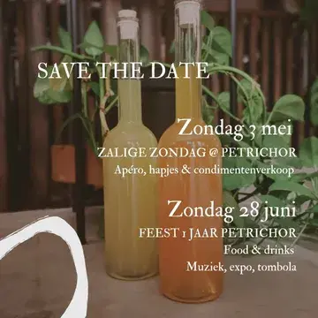 ZALIGE ZONDAGEN @ PETRICHOR

We zetten de komende maanden twee maal op zondag de deuren van het restaurant open. Schrijf het alvast in je agenda en kom mee genieten van lekkere hapjes en drankjes.

Op zondag 3 mei voorzien we jullie met veel plezier van huisgemaakte moederdagcadeaus. We verkopen condimenten zoals olie, miso, confituur, azijn... En maken er ook leuke cadeaupakketjes van. Ook Laura van @nietbol_com zal keramiek verkopen. Dus stop met zoeken naar cadeautjes en kom gewoon langs.

Op zondag 28 juni vieren we ons 1-jarig bestaan! Meer info volgt binnenkort.

En natuurlijk zijn we de komende maanden steeds open van woensdag- tot en met zaterdagavond voor diner. Reserveren kan via de site!

#restaurant #gent #zaligezondag #lokaal #apero