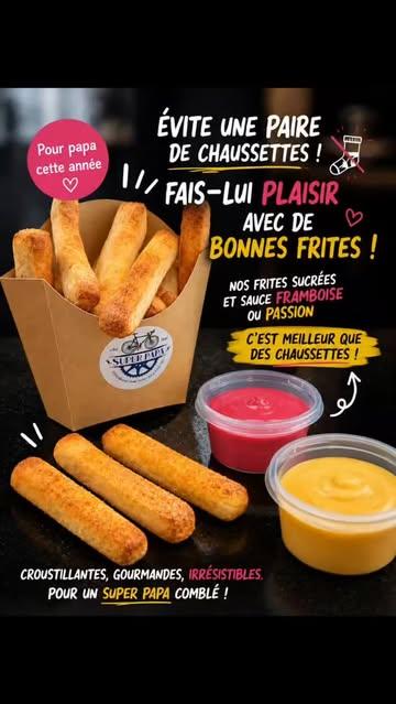 Les frites de papa sont au magasin dès aujourd'hui 🤭🤭🤭 #fetedesperes 
Sois original cette année, ne lui offre pas une paire de chaussettes mais bien des frites ! Avec mayo-passion ou cocktail-framboise.