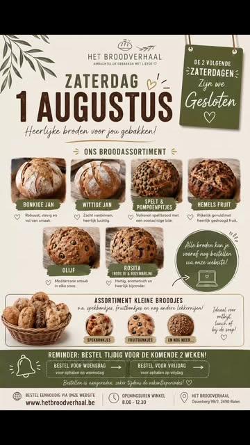 Morgen hebben we nog veel brood op den toog … ook maken we de specialekes er kleinere broden van , dan kan je 2 smaken nemen , geschikt voor aan tafel met een lekker stukske food😁.

Spring gerust binnen , open om 8u en is de laatste zaterdag , dan 2 zaterdagen gesloten !!

Tot morgen !