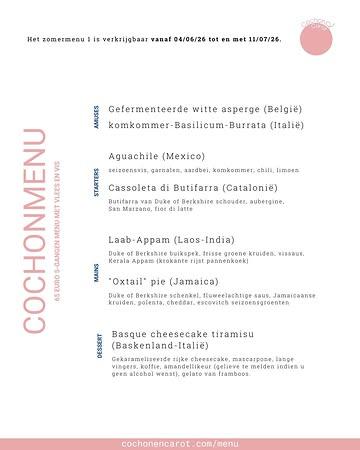We verwelkomen de zomer vanaf morgen met een nieuw menu bij Cochon&Carot.☀️

Frisse seizoensproducten, lichte bereidingen en inspiratie uit verschillende wereldkeukens vormen de basis van ons nieuwe 5-gangen zomermenu.

Van 04/06 tot en met 11/07 kan je kiezen tussen twee menu’s:

Cochon, met vlees en vis
Carot, onze vegetarische/vegan variant

Beide menu’s worden aangeboden aan 65 euro voor 5 gangen.

Wil je dit menu niet missen? Reserveer dan tijdig je tafel via de website of bel ons op 0495 20 03 17. 📞