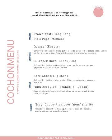 Zomermenu 2 staat op de kaart! ☀️

Van 23 juli t/m 29 augustus nemen we je mee op culinaire wereldreis in vijf gangen van Egypte over de USA en de Filipijnen tot Japan en Italië. En jij kiest je route:

🐷 Cochonmenu — met vlees en vis. Denk aan traag gebraiseerde Duke of Berkshire varkensnek, buikspek burnt ends van de BBQ en zeeduivel met shiro miso en zeekraal.

🥕 Carotmenu — volledig vegetarisch. Qatayef met gebraiseerde aubergine, veggie burnt ends met gegrilde watermeloen, knolselder in zoutkorst van de BBQ.

Beide reizen eindigen op dezelfde zoete bestemming: ons "Mag" Choco-Framboos "num" dessert. 🍫

Vijf gangen + twee amuses voor 69 euro. Vegan of één visgerecht bij het Carotmenu kan ook, vermeld het gewoon bij je reservatie.
👉 Reserveren via www.cochonencarot.com

#cochonencarot #zomermenu #hemiksem #restaurant