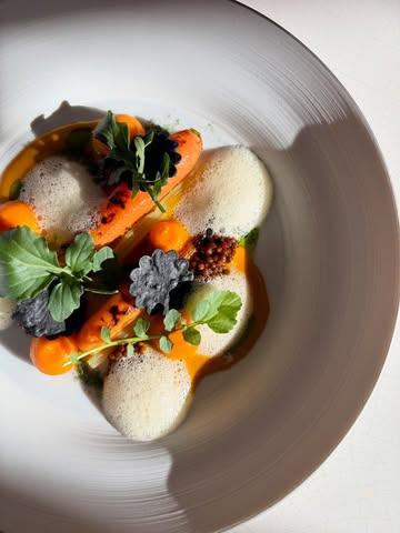 Printemps 2026 🌿🌱

Menu végétarien 

Carottes grillées, moutarde confite, rhubarbe, 
cresson, charbon végétal 

#finedining #gastronomy #vegetarian #kevinlejeune
