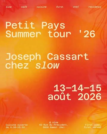@petitpaysrestaurant Summer Tour ’26 chez @slow.namur ☀️

Ça fait un moment qu’on avait envie d’ouvrir la cuisine de slow à d’autres univers, le temps de quelques jours. Alors quand Joseph nous a parlé de son Summer Tour, on s’est dit, quoi de mieux que Petit Pays pour ouvrir le bal ?

Les 13, 14 & 15 août, Joseph s’installe chez slow et réinterprète notre carte à sa manière, l’univers de slow, avec la cuisine locale, végétale et engagée de Petit Pays, entre classiques revisités et nouvelles assiettes à déguster toute la journée.

Pancakes soufflés au matcha, spinacho toast, assiettes traditi, falafels, dwichs, cookie fondant… à découvrir pendant trois jours seulement.

13, 14, 15 août
Cuisine ouverte de 9:30 à 15:30
Sans réservation, first come, first served.