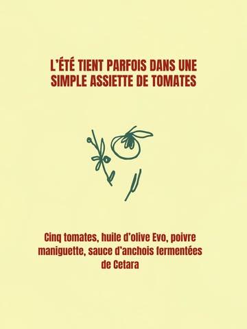 ☀️🍅 L’été tient parfois dans une simple assiette de tomates.

Des tomates belges choisies avec soin, une sauce aux anchois fermentés de Cetara (sans anchois dans l’assiette), un condiment d’exception venu de la côte amalfitaine, préparé à la main selon la tradition.

Un voile de poivre maniguette, une belle huile d’olive extra vierge…

La simplicité quand les produits parlent d’eux-mêmes. ❤️

Disponible dès maintenant 😉

@de.groentelaar @les_jardins_de_labondance 🍅🍅❤️❤️