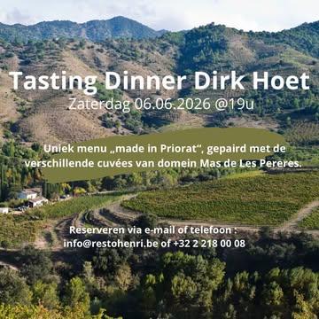 Exclusief diner “made in priorat” en wijn pairing met verschillende cuvées van Mas de les Pereres.
Nu Dirk Hoet afscheid neemt van het domein en geniet van een welverdiend pensioen, vieren we met veel plezier onze samenwerking tijdens een 5-gangenmenu met sterke Catalaanse inspiratie.
Zaterdag 06.06.2026 19u / 120 euro pp inclusief wijn & water.

——

Dîner exclusif « made in Priorat » en accord avec les vins du Mas de les Pereres.
Alors que Dirk Hoet quitte le domaine pour profiter d’une retraite bien méritée, nous avons le plaisir de célébrer plus de vingt ans de collaboration autour d’un menu de cinq plats, fortement inspiré de la cuisine catalane.
Samedi 6 juin 2026 à 19 h / 120 euros par personne, vin et eau compris.