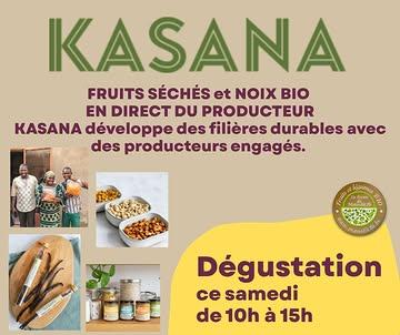 KASANA:  des FRUITS SÉCHÉS, NOIX, GRAINES BIO EN DIRECT DU PRODUCTEUR.

Vous avez peut être déjà repéré le nouveau présentoir en magasin!  Ce samedi, vous aurez la possibilité de goûter 🤩et d'en apprendre plus sur la filière Kasana, un filière durable, avec des producteurs engagés. 👨‍🌾👩‍🌾

Vous connaissiez déjà probablement les mangues et noix de cajou Kasana au rayon vrac, soucieux de vous proposer des produits équitables, nous avons élargi notre gamme.  Un large assortiment de noix et fruits secs Kasana en sachet et des purées d'oléagineux est maintenant disponible! 🤩

Venez gouter ce samedi de 10h à 15h! 😋