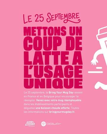 ☕ Et si, le 25 septembre, chacun faisait un petit geste pour réduire les déchets ?

Le Bring Your Mug Day revient en Belgique et en France !

Le principe est simple : les citoyens sont invités à apporter leur mug ou contenant réutilisable lorsqu'ils achètent une boisson chaude à emporter. En participant, ils pourront bénéficier, selon le commerce, d'un café offert ou d'une réduction sur leur boisson.

🎉 Vous êtes un café, un restaurant ou un commerce proposant des boissons chaudes à emporter ? Rejoignez le mouvement et faites partie des établissements participants !

👉 Inscrivez votre commerce dès maintenant : https://bringyourmugday.fr/

📣 Vous souhaitez mettre en avant votre participation ? Envoyez un e-mail à isaline@consomaction.be pour recevoir le kit de communication et l'affiche de la campagne (disponibles à partir de la mi-août).

Ensemble, faisons du réemploi un réflexe simple et montrons qu'un petit changement d'habitude peut avoir un grand impact ! 💚

#BringYourMugDay #Réemploi #ZéroDéchet #ConsomAction #ÉconomieCirculaire #Réutilisable