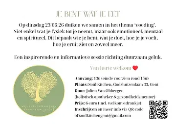 Dinsdag 23 juni 13u: lezing 'Je bent wat je eet' door @jolien_duurzaamgeluk 💚🩵🩷 
Súper benieuwd wat we allemaal bij gaan leren 😍 
Inschrijven kan via: www.soul-kitchen.be/events