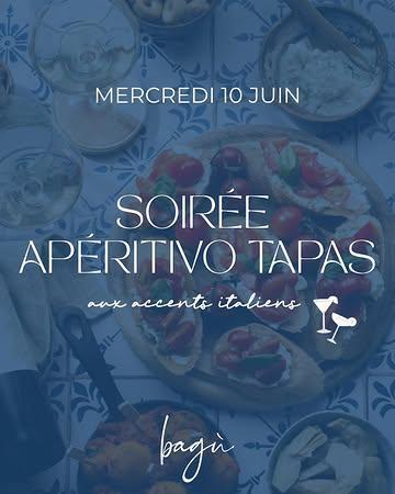 𝐒𝐨𝐢𝐫𝐞́𝐞 𝐀𝐩𝐞𝐫𝐢𝐭𝐢𝐯𝐨 & 𝐓𝐚𝐩𝐚𝐬 🇮🇹✨

Le mercredi 10 juin, Bagù vous invite à découvrir l’art de l’aperitivo à l’italienne, entre convivialité, gourmandise et saveurs ensoleillées.

Un généreux buffet de tapas inspiré de l’Italie, imaginé autour de produits à partager et de recettes pleines de caractère.

Menu à 55€ :
• Le buffet tapas
• L'apéritif de votre choix

Un vrai moment à la Dolce Vita chez 𝑩𝒂𝒈𝒖̀ ! 

𝗥𝗲́𝘀𝗲𝗿𝘃𝗲𝘇 𝘃𝗼𝘁𝗿𝗲 𝘁𝗮𝗯𝗹𝗲 :

📞 +32 498 48 68 07

🗓️ https://restaurantbagu.be/fr