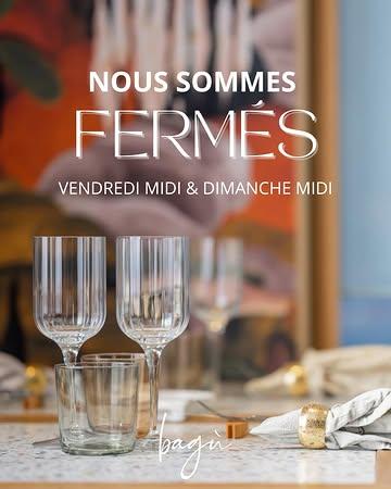 Exceptionnellement, nous serons fermés ce vendredi 3 juillet à midi et le dimanche 5 juillet à midi en raison du Festifood à Charleroi ! 

On se retrouve d'ailleurs sur la Place Verte les 03 | 04 | 05 & 10 | 11 | 12 juillet, pour vous faire gouter notre plat entre terre et mer. 👨‍🍳

On vous accueille donc cette semaine : ce mercredi soir, jeudi soir, vendredi soir et samedi soir. 

𝗥𝗲́𝘀𝗲𝗿𝘃𝗲𝘇 𝘃𝗼𝘁𝗿𝗲 𝘁𝗮𝗯𝗹𝗲 :
📞 +32 498 48 68 07
🗓️ https://restaurantbagu.be/fr