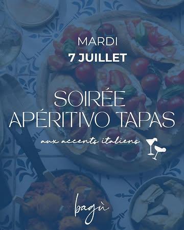𝐒𝐨𝐢𝐫𝐞́𝐞 𝐀𝐩𝐞𝐫𝐢𝐭𝐢𝐯𝐨 & 𝐓𝐚𝐩𝐚𝐬 🇮🇹✨

Ce mardi 7 juillet, Bagù vous invite à découvrir l’art de l’aperitivo à l’italienne, entre convivialité, gourmandise et saveurs ensoleillées.

Un généreux buffet de tapas inspiré de l’Italie, imaginé autour de produits à partager et de recettes pleines de caractère.

Menu à 55€ :
• Le buffet tapas
• L'apéritif de votre choix

Un vrai moment à la Dolce Vita chez 𝑩𝒂𝒈𝒖̀ ! 

𝗥𝗲́𝘀𝗲𝗿𝘃𝗲𝘇 𝘃𝗼𝘁𝗿𝗲 𝘁𝗮𝗯𝗹𝗲 :

📞 +32 498 48 68 07
🗓️ https://restaurantbagu.be/fr