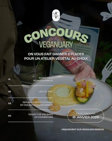 CLÔTURÉ! Concours Veganuary 🍃

👀 Pssst ! Prêt·e·s à cuisiner végétal avec nous ? 

On vous offre 2 places à gagner pour l’atelier végétal de votre choix 💚

Pour participer, c’est simple :
1. Suivez @oxaliscuisinevg
2. Likez ce post
3. Repartager en story en taguant @oxaliscuisinevg
4. Taguez 2 de vos ami•es en commentaire avec qui vous partagerez cet atelier

⏳Tirage au sort lundi 19.01

✨ Bonne chance 🍀