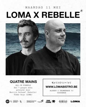 Loma x Rebelle - Gone Fishing Diner

Maandag 11/05 - Quatre Mains Diner - € 200 (dranken inclusief)

Deze quatre mains stond in de (zee)sterren geschreven. Tokke Brys werkte ooit nog bij Martijn Defauw in diens sterrenrestaurant Rebelle. Als chef van een gloednieuwe, maar allesbehalve doordeweekse bistro nodigt Brys zijn voormalige leermeester uit naar Oostende. Om hun vriendschap en gedeelde passies te vieren, maar ook om samen een uniek diner te koken, met korte keten producten en Noordzeevis als hoofdrolspelers van een all-in menu. 

In deze samenwerking kiezen beide chefs overtuigd voor een hedendaagse versie van gastronomie. Dankzij maître Jurgen Nobels zit er niet alleen sfeer in de zaal, maar ook spanning in het glas. Met zijn ervaring als bartender mag je op creatieve pairings rekenen, maar evengoed op zorgvuldig geselecteerde wijnen die bij elke slok blijven boeien. Verwacht je aan een unieke beleving waarin gastvrijheid, muziek en smaak de toon zetten.

Start: 19u
Prijs: € 200 (incl. dranken)
Reservaties via www.lomabistro.be
Max aantal personen: 50

In samenwerking met Gone Fishing