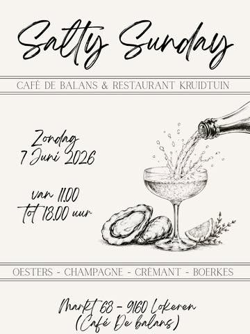 Zeg eens eerlijk… eentje was duidelijk niet genoeg. 🥂🦪

Salty Sunday returns — en deze keer doen we het gewoon opnieuw, nóg gezelliger, nóg smaakvoller en met dezelfde Sunday energy ✨

Samen met Restaurant Kruidtuin zorgen we opnieuw voor:
🦪 Oesters
🥂 Champagne & crémant
🎶 Groovy vibes
🍺 Gouden boerkes

Save the date — zondag 7 juni — Sunday never felt this good. 🪩