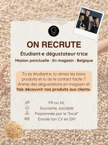Tu es étudiant·e, tu as le contact facile et tu aimes les bons produits ? 🌾

Graines de Curieux recherche des étudiant·es pour animer des dégustations en magasin, en mission ponctuelle, partout en Belgique.

FR ou NL, souriant·e, sociable et passionné·e par le “local” ?

Envoie-nous ton CV en DM 💌
***
Ben je student, vlot in de omgang en hou je van lekkere producten? 🌾

Graines de Curieux zoekt studenten om degustaties in de winkel te animeren, voor occasionele opdrachten in heel België.

FR of NL, vriendelijk, sociaal en gepassioneerd door het “lokale”?

Stuur ons je cv via DM 💌

#grainesdecurieux #onrecrute #studentenjob #degustatie #lokaleproducten