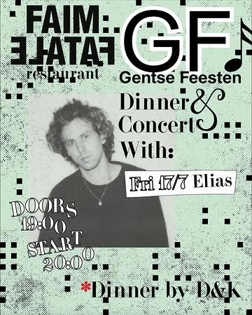 Tijdens de Gentse Feesten wordt Faim Fatale een muziek- en eettempel. De fine fleur van de Gentse muziekscene, over verschillende stijlen heen, schuift bij ons aan tafel op het tuinterras (of binnen bij slecht weer). Ook jullie kunnen meeschuiven aan die tafel, althans diegene die een van de 35 plaatsen kan bemachtigen ;) .
 
🎼 CONCERTS 
Heel blij dat we volgende parels van artiesten hebben kunnen strikken:

Op Vrijdag 17 juli bijt Elias der spits af!

@elias_musicbe is niet alleen één van de meest ingenieuze drummers (Nordmann, Robbing Millions en Hypochristmutreefuzz) van de Belgische scene, maar is ook songwriter, componist, zanger en producer. Op zijn soloplaat BLOOMED > EXPLODED ontdekt hij zijn innerlijke Radiohead; dreamy indie beauty van de bovenste plank.

🔪 DINNER
Het menu wordt verzorgd door D&K. 
@ta_____________ra & Jonas Van der Haegen zijn fotografen met passie voor koken en catering. Tara werkte eerder al in de keuken van Faim Fatale en samen met Jonas was ze deel van het keukenteam achter Cafetaria. Verwacht fris, kwaliteit en traditie met een stevige knipoog.

🗒️ PRAKTISCH 

° Doors 19u00 - we vragen iedereen zeker aanwezig te zijn voor 20u, dan  begint het eerste deel van het concert. 

° Prijs: concert + dinner €75 (amuses, voor, hoofd, dessert - dranken niet inbegrepen) 

° Reserveren: enkel via mail@faimfatale.be - first come first serve. Plaats is pas gereserveerd na onze bevestiging en jouw betaling. 

°Allergieën op voorhand doorgeven, de avond zelf kan dit niet meer worden aangepast.

👩🏼‍💻Hands up voor het artwork van @mollylovedyou en foto van @femke.appeltans