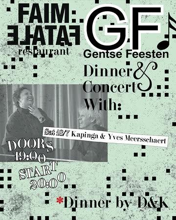 Tijdens de Gentse Feesten wordt Faim Fatale een muziek- en eettempel. De fine fleur van de Gentse muziekscene, over verschillende stijlen heen, schuift bij ons aan tafel op het tuinterras (of binnen bij slecht weer). Ook jullie kunnen meeschuiven aan die tafel, althans diegene die een van de 35 plaatsen kan bemachtigen ;) .
 
🎼 CONCERTS 
Heel blij dat we volgende parels van artiesten hebben kunnen strikken:

Op Zaterdag 18 juli komt muzikaal powerkoppel Kapinga en Yves.

@kapingagysel3, een bom van soul, is een bekende stem in de Belgische muziekscene (Zita Swoon, Radio Candip en backings voor tientallen artiesten). Enkele jaren geleden eerde ze samen met @room13_orchestra pianist Yves Meersschaert het oeuvre van Amy Winehouse en dit jaar deden ze hetzelfde met het werk van Annie Lennox. In Faim Fatale brengen ze in een intieme setting een beetje Amy, een beetje Annie en andere geweldige chansons.

🔪 DINNER
Het menu wordt verzorgd door D&K. 
@ta_____________ra & Jonas Van der Haegen zijn fotografen met passie voor koken en catering. Tara werkte eerder al in de keuken van Faim Fatale en samen met Jonas was ze deel van het keukenteam achter Cafetaria. Verwacht fris, kwaliteit en traditie met een stevige knipoog.

🗒️ PRAKTISCH 

° Doors 19u00 - we vragen iedereen zeker aanwezig te zijn voor 20u, dan begint het eerste deel van het concert. 

° Prijs: concert + dinner €75 (amuses, voor, hoofd, dessert - dranken niet inbegrepen) 

° Reserveren: enkel via mail@faimfatale.be - first come first serve. Plaats is pas gereserveerd na onze bevestiging en jouw betaling. 

°Allergieën op voorhand doorgeven, de avond zelf kan dit niet meer worden aangepast.

👩🏼‍💻Hands up voor het artwork van @mollylovedyou