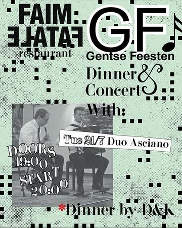 Tijdens de Gentse Feesten wordt Faim Fatale een muziek- en eettempel. De fine fleur van de Gentse muziekscene, over verschillende stijlen heen, schuift bij ons aan tafel op het tuinterras (of binnen bij slecht weer). Ook jullie kunnen meeschuiven aan die tafel, althans diegene die een van de 35 plaatsen kan bemachtigen ;) .
 
🎼 CONCERTS 
Heel blij dat we volgende parels van artiesten hebben kunnen strikken:

Dinsdag 21 juli verblijden topmuzikanten ons met hobo en accordeon - Duo Asciano.

@vercammenlowie (accordeon, afgestudeerd onder Philippe Thuriot) en @tiboschildermans (hobo) leerden elkaar kennen tijdens hun studies aan het Conservatorium in Gent. Ze werden vrienden en deelden een passie voor kamermuziek. Ze speelden voor het eerst samen een concert op het Festival van Collegium Vocale in de Crete Senesi, nabij Asciano (Italië) en dat bijzondere moment betekende het startschot van hun muzikale samenwerking. Hun bijzonder veelzijdige repertoire omvat zowel klassieke muziek als filmmuziek en traditionele volksmuziek. Hun vriendschap en muzikale verbondenheid zorgt voor veel artistieke vrijheid en spontaniteit, wat uitmondt in een spetterende muzikale dialoog.

🔪 DINNER
Het menu wordt verzorgd door D&K. 
@ta_____________ra & Jonas Van der Haegen zijn fotografen met passie voor koken en catering. Tara werkte eerder al in de keuken van Faim Fatale en samen met Jonas was ze deel van het keukenteam achter Cafetaria. Verwacht fris, kwaliteit en traditie met een stevige knipoog.

🗒️ PRAKTISCH 

° Doors 19u00 - we vragen iedereen zeker aanwezig te zijn voor 20u, dan begint het eerste deel van het concert. 

° Prijs: concert + dinner €75 (amuses, voor, hoofd, dessert - dranken niet inbegrepen) 

° Reserveren: enkel via mail@faimfatale.be - first come first serve. Plaats is pas gereserveerd na onze bevestiging en jouw betaling. 

°Allergieën op voorhand doorgeven, de avond zelf kan dit niet meer worden aangepast.

👩🏼‍💻Hands up voor het artwork van @mollylovedyou