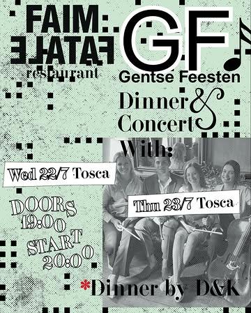 Tijdens de Gentse Feesten wordt Faim Fatale een muziek- en eettempel. De fine fleur van de Gentse muziekscene, over verschillende stijlen heen, schuift bij ons aan tafel op het tuinterras (of binnen bij slecht weer). Ook jullie kunnen meeschuiven aan die tafel, althans diegene die een van de 35 plaatsen kan bemachtigen ;) .

🎼 CONCERTS
Heel blij dat we volgende parels van artiesten hebben kunnen strikken:

Woensdag en donderdag zit er met Tosca Quartet een klein orkest mee aan tafel!

Anke, Robin, Marthe & Lore vormen het jonge en levendige @quartet_tosca. Ze combineren klassieke klanken met popmelodieën en nemen je interactief mee in hun enthousiasme: van Mozart tot Madonna, van Debussy tot Dua Lipa. Schrijf bij reservatie jouw favoriete song, en misschien hoor je het tijdens het diner door de strijkkasten klinken.
 
🔪 DINNER
Het menu wordt verzorgd door D&K.
@ta_____________ra & Jonas Van der Haegen zijn fotografen met passie voor koken en catering. Tara werkte eerder al in de keuken van Faim Fatale en samen met Jonas was ze deel van het keukenteam achter Cafetaria. Verwacht fris, kwaliteit en traditie met een stevige knipoog.

🗒️ PRAKTISCH

° Doors 19u00 - we vragen iedereen zeker aanwezig te zijn voor 20u, dan begint het eerste deel van het concert.

° Prijs: concert + dinner €75 (amuses, voor, hoofd, dessert - dranken niet inbegrepen)

° Reserveren: enkel via mail@faimfatale.be - first come first serve. Plaats is pas gereserveerd na onze bevestiging en jouw betaling.

°Allergieën op voorhand doorgeven, de avond zelf kan dit niet meer worden aangepast.

👩🏼‍💻Hands up voor het artwork van @mollylovedyou

@anke_vdj @robingooss @martheornelis @lorebamps