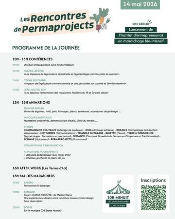 Le programme complet est là 👇

Conférences, marché paysan, parcours initiatique, rencontres, animations et soirée festive… une journée entière pour découvrir notre Institut en maraîchage biointensif aux Les Terres d'Ici - Éco Farm du Long Fond.

⚠️ Certaines activités nécessitent une inscription :

🎤 Conférences du matin
🍽 Banquet de @mariondiana_ — projet Casse-Croûte à 19h

👉 Pensez à réserver votre place dès maintenant :
🔗 https://framaforms.org/les-rencontres-de-permaprojectspremiere-edition-1778173422

On a hâte de vous accueillir le 14 mai dès 10h sur le site des Terres d'Ici à La Hulpe !