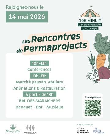 🌱 J-3 avant notre inauguration !
Dans quelques jours, nous vous accueillerons aux Terres d’Ici à La Hulpe pour l’inauguration de notre Institut en maraîchage biointensif.

Une journée entière pour découvrir notre lieu de formation, rencontrer celles et ceux qui le font vivre et explorer concrètement les pratiques du maraîchage biointensif.

Au programme :
🎤 conférences avec des intervenant·es engagé·es du secteur
🤝 présence de partenaires venus partager outils, savoir-faire et solutions concrètes
🌱 parcours initiatique maraîcher et démonstrations
🥕 marché paysan avec plants et légumes issus de notre production
🎈 animations pour enfants tout au long de la journée
🎉 soirée festive pour clôturer l’événement

⚠️ Certaines activités se font sur inscription :
• conférences du matin
• 🍽 banquet imaginé par — Marion Dianaprojet Casse-Croûte à 19h

👉 Réservez votre place ici :
🔗 https://framaforms.org/les-rencontres-de-permaprojectspremiere-edition-1778173422

📅 14 mai — 10h à minuit
📍 Les Terres d’Ici — La Hulpe

Au plaisir de vous accueillir et de partager ce moment avec vous 🌿