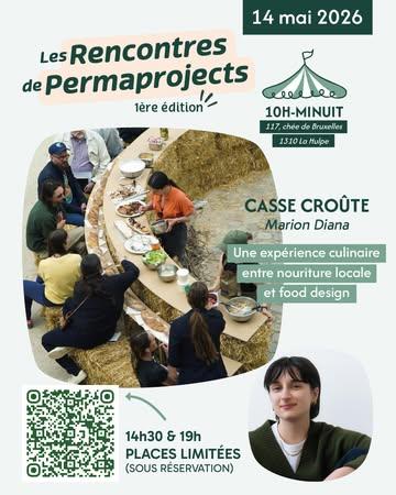 🍽️ Réservez votre repas !

Lors de la journée du 14 mai, à 14h30 et  19h, nous aurons le plaisir d’accueillir @mariondiana_ , food designer engagée, avec son projet Casse Croûte.

✨ Plus qu’un repas, une expérience à vivre.
Marion imagine un moment de rencontre autour d’une grande table conviviale, mêlant cuisine locale, créativité et partage.

Au menu :
🥕 des produits issus de notre propre production
🌱 des ingrédients de producteurs locaux
🤝 un concept pensé comme une banque de rencontres, où différents réseaux se rassemblent en un lieu unique pour échanger, goûter et célébrer ensemble le savoir-faire local.

⚠️ Nombre de places limité
Les informations pratiques arrivent bientôt, mais vous pouvez déjà pré-réserver votre place ici:

https://framaforms.org/les-rencontres-de-permaprojectspremiere-edition-1778173422

📅 14 mai — Inauguration de l’Institut d’entrepreneuriat en maraîchage bio-intensif

📍Chaussée de Bruxelles 117 à La Hulpe