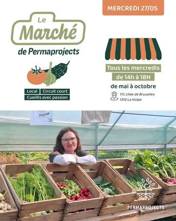 🌱 Grande première : notre marché démarre !

Nous sommes heureux·ses de vous annoncer le lancement de notre tout premier marché hebdomadaire à partir de ce mercredi 27 mai à Les Terres d'Ici, à La Hulpe.

🕑 Tous les mercredis de 14h à 18h
👉 Les Terres d'ici, Chaussée de Brunelle 117 à la Hulpe

🥕 Vous y trouverez les légumes cultivés par les apprenant·es de Permaprojects, dans le cadre de leur formation au maraîchage professionnel.

🌿 une production local
🌱 un projet de formation concret sur le terrain
🤝 une rencontre directe entre producteur·rices et citoyen·nes
💚 L’ensemble des bénéfices est réinvesti dans les projets de l’ASBL afin de faire grandir l’écosystème et ses activités.

📅 Premier rendez-vous : mercredi 27 mai — on inaugure la saison ensemble !
