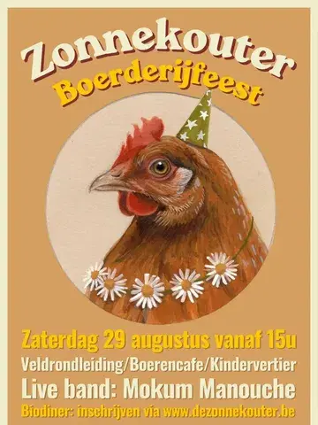 🌾🚜 Kom genieten op ons boerderijfeest! 🚜🌾

Zet zaterdag 29 augustus alvast in je agenda en kom vanaf 15u mee genieten van een heerlijke namiddag en avond op de boerderij!

Er is voor jong en oud van alles te beleven:
🌱 Veldrondleiding op de boerderij
🍻 Gezellig boerencafé
🤸 Kindervertier en speelplezier
🍽️ Om 19u serveren we een heerlijk zelfgemaakt biodiner met producten van eigen bodem.

En daarna? Dan maken we er een echt feest van! 🎶
🎻 Mokum Manouche, een fantastische gipsy jazz-band uit Amsterdam, zorgt voor sfeer, swing en zomerse vibes. Daarna neemt een DJ het over zodat we samen de dansvloer op kunnen en de avond feestelijk kunnen afsluiten. 💃🕺✨