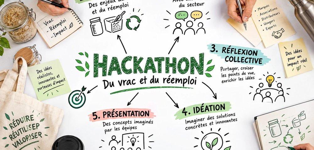 Illustration de type carte mentale intitulée Hackathon, du vrac et du réemploi, avec cinq étapes : découverte, échanges, réflexion collective, idéation, présentation.