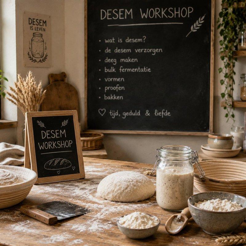 Houten tafel met deeg, rijsmandjes, een pot desem en bloem, met krijtborden met de tekst Desem workshop en een lijst met onderwerpen