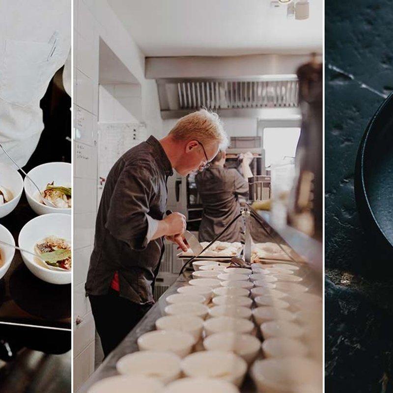Trois photos côte à côte : bols de mises en bouche sur un plateau, un chef dressant des petites verrines en cuisine, et un dessert orange sur assiette noire.