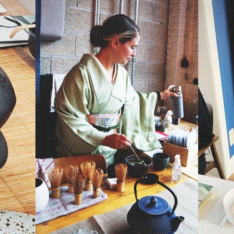 Collage van drie foto's: een ijzeren theepot, Diana die matcha bereidt in kimono, en een vrouw die uit een matchakom drinkt